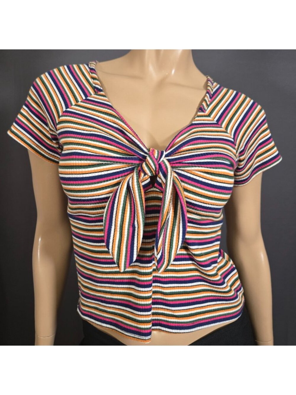 Vintage Y2K Striped Multicolor Tie Front Short sleeve Top Soze L Ribbed V Neck